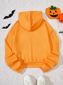 SHEIN Tween Girls Halloween Print Hooded Crop Sweatshirt - Orange - View 2