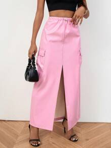 SHEIN EZwear Flap Pocket Split Thigh Flap Pocket Side Cargo Skirt - Baby Pink - View 1