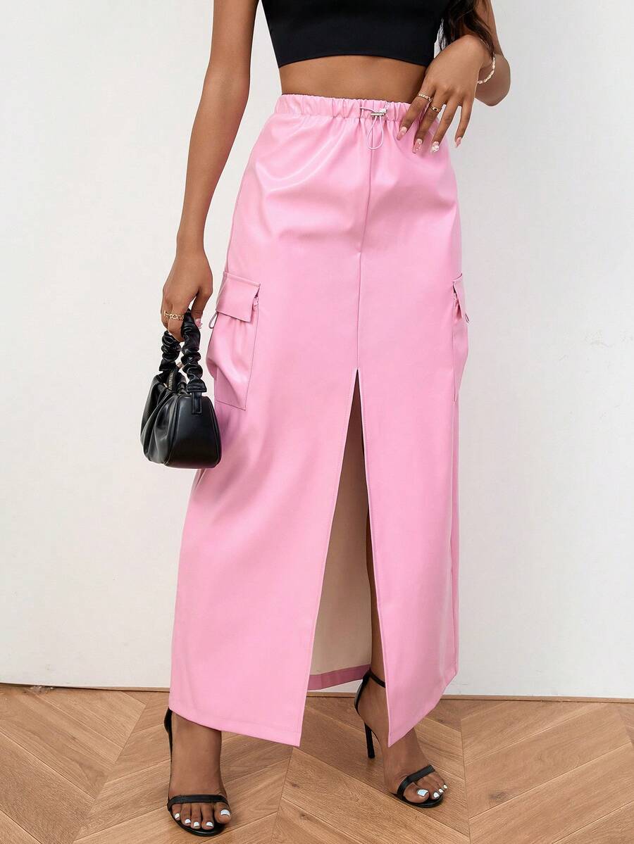 SHEIN EZwear Flap Pocket Split Thigh Flap Pocket Side Cargo Skirt - Baby Pink - View 1