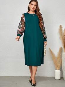 EMERY ROSE Talla grande Vestido con bordado floral de manga de malla - Verde Oscuro - Ver 3