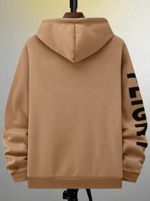 Manfinity Homme Men Letter Graphic Pocket Drawstring Thermal Lined Hoodie, Men Brown Hoodie, For Fall Winter