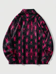 ROMWE MEN Academia 男士滿版圖案前紐扣襯衫 - 黑色 - 查看 2