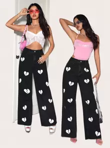 SHEIN 1pc Jeans With Heart Design Wide Leg