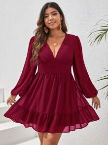 SHEIN VCAY Plus Plunging Neck Lantern Sleeve Ruffle Hem Dress - Burgundy - View 1