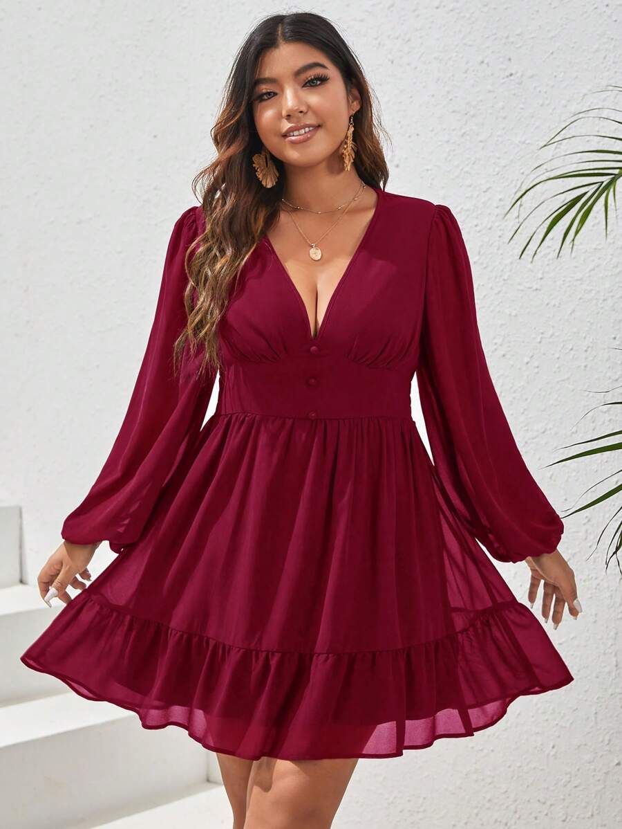 SHEIN VCAY Plus Plunging Neck Lantern Sleeve Ruffle Hem Dress - Burgundy - View 1