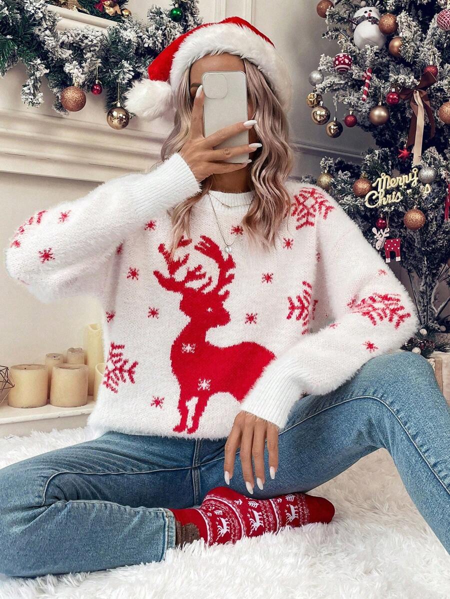 SHEIN LUNE Christmas Elk Pattern Drop Shoulder Fluffy Knit Pullover Fall Winter Sweater - Red and White - View 1