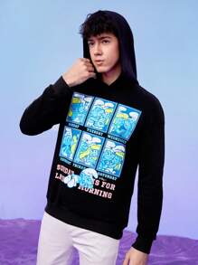 SHEIN X The Smurfs Unisex 1pc Slogan & Cartoon Graphic Drop Shoulder Hoodie - Black - View 4