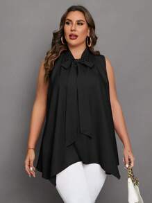 Chikora 大碼繫帶領不對稱下擺襯衫 - 黑色 - 查看 2