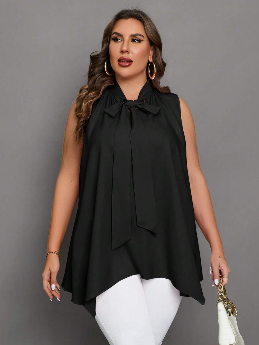 Chikora 大碼繫帶領不對稱下擺襯衫