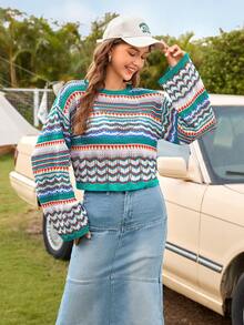 Soleia Geo Pattern Drop Shoulder Sweater - Multicolor - View 6