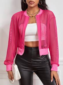 SHEIN Essnce Zip Up Mesh Bomber Jacket - Hot Pink - View 1