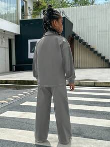 SHEIN 女大童翻蓋口袋落肩袖襯衫和褲子 - 淺灰色 - 查看 2