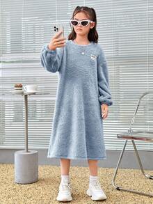 SHEIN Cô gái Tween Thư được vá Thả vai Teddy Đầm - Màu xanh lam - Xem 5