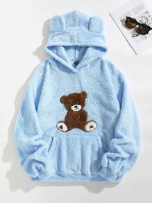 SHEIN EZwear 小熊刺繡 3D 耳朵設計落肩泰迪連帽衫 - 藍色 - 查看 1