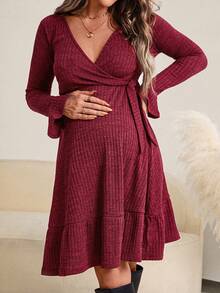 SHEIN Thai sản Tay áo loe Nút ven Xù Hoa Sen Váy quấn - Màu Đỏ Sâu - Xem 4