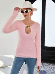 SHEIN Privé 鏈條細節前鏤空絨毛針織套頭毛衣 - 粉色 - 查看 5