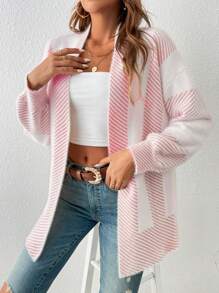 SHEIN Frenchy 条纹落肩开衫 - 粉色 - 查看 3