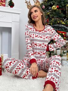 Conjunto de pijama con estampado de Navidad ribete en contraste - Multicolor - Ver 3