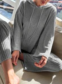 Drop Shoulder Drawstring Hooded Lounge Set - Grey - View 5