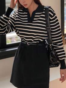 Striped Pattern Drop Shoulder Sweater - Black and White - View 5