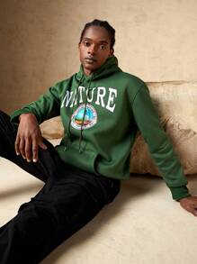 In My Nature 男士字母圖案袋鼠口袋抽繩連帽衫 - 綠色 - 查看 5