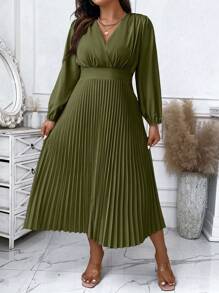 SHEIN Unity Plus Surplice Neck Pleated Hem Dress - Green - View 4