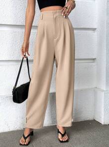 SHEIN Essnce 高腰拼接細節直筒褲 - 卡其色 - 查看 1