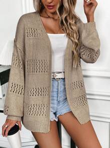 SHEIN Frenchy Pointelle Knit Drop Shoulder Cardigan - Apricot - View 5