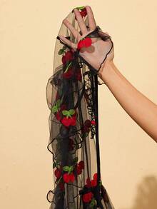 Soleia Floral Embroidery Flare Sleeve Knot Front Blouse Without Bra - Black - View 6