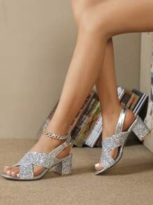 春夏女士时尚银色亮片高跟交叉绑带踝带凉鞋，低粗跟 - 銀色 - 查看 3