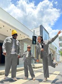 SHEIN 女大童翻蓋口袋落肩袖襯衫和褲子 - 淺灰色 - 查看 4