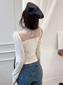 DAZY Top de cuello alto de malla unicolor - Albaricoque - Ver 6