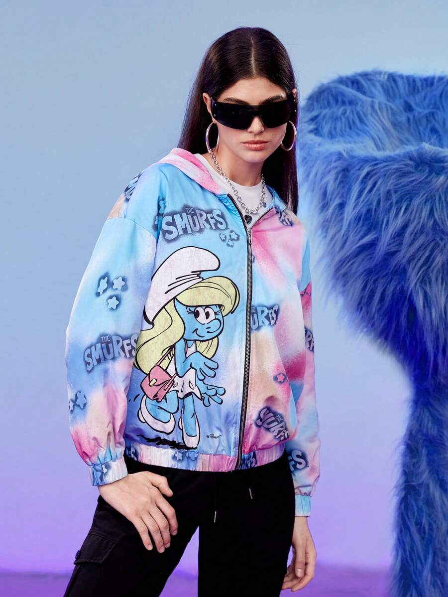 SHEIN X The Smurfs Tie Dye Letter Graphic Drop Shoulder Hooded Jacket - Multicolor - View 1