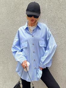GENKIRA Striped Flap Pocket Drop Shoulder Shirt Fall Cloth For Women - Multicolor - View 1