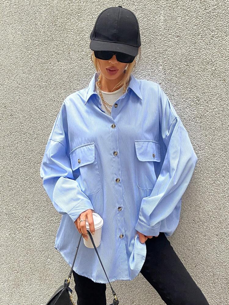 Striped Flap Pocket Drop Shoulder Shirt Fall Cloth For Women