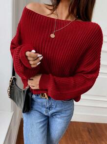 SHEIN Unity 素色落肩袖套頭毛衣 - 紅色 - 查看 2