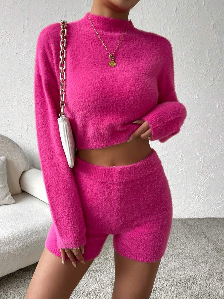 Mock Neck Drop Shoulder Crop Sweater & Knit Shorts Fall Cloth For Women