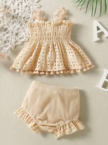 Baby Girl Eyelet Embroidery Ruffle Trim Cami Top & Bow Front Shorts - Apricot - View 2