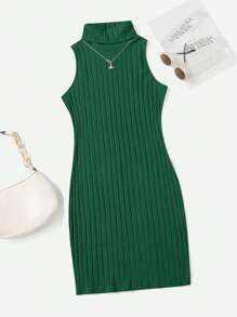 SHEIN Essnce Áo cao cổ Đồ đan Ribbed Đầm - Màu xanh lá cây đậm - Xem 1
