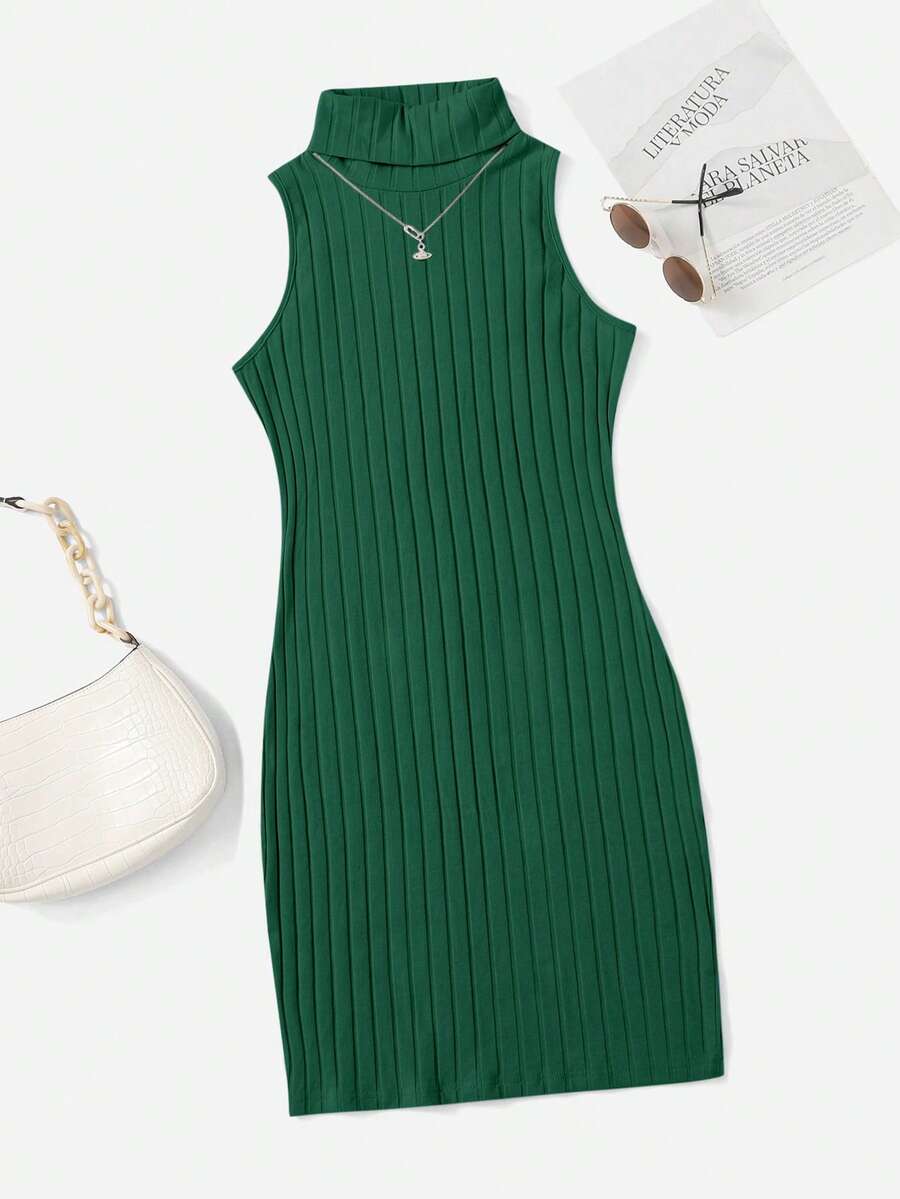 SHEIN Essnce Áo cao cổ Đồ đan Ribbed Đầm - Màu xanh lá cây đậm - Xem 1