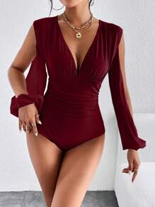 SHEIN Privé Plunging Neck Cut Out Lantern Sleeve Ruched Bodysuit - Burgundy - View 5