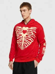 ROMWE MEN ROMWE Avant Guys Skeleton Print Hoodie, Halloween - Red - View 5