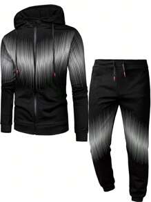 Manfinity Homme 男士波點圖案拉鏈開襟抽繩連帽衫和運動褲 - 黑色 - 查看 1