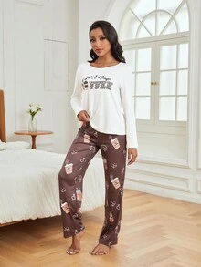 Slogan Graphic Tee & Cartoon Graphic Pants PJ Set - Coffee Brown - View 3