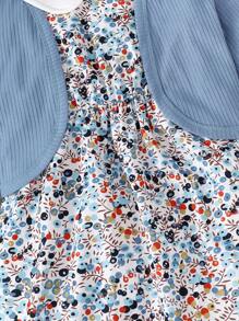 SHEIN 女小童碎花拼接領洋裝&夾克 - 淺藍色 - 查看 4