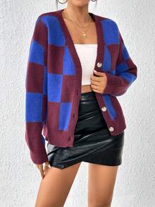 SHEIN Essnce Hoa văn kẻ sọc Thả vai Áo len Mở - Đỏ - Xem 5