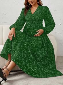 Maternity Polka Dot Print Lantern Sleeve Belted Dress - Multicolor - View 1