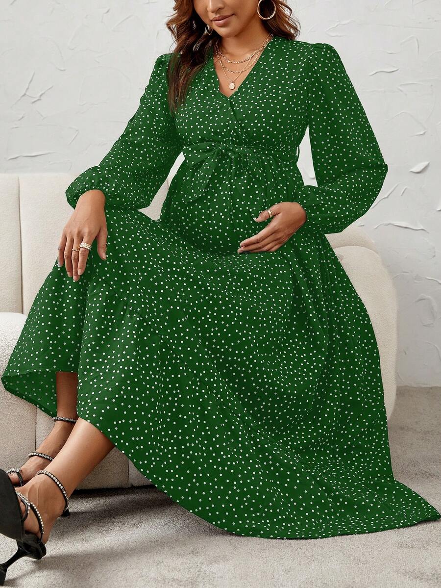Maternity Polka Dot Print Lantern Sleeve Belted Dress - Multicolor - View 1