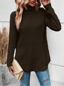 SHEIN Essnce 高領插肩袖下擺開叉套頭毛衣 - 巧克力棕 - 查看 6