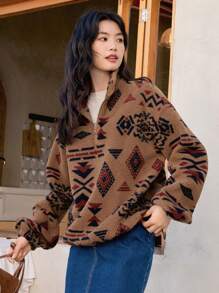 DAZY 几何印花灯笼袖半拉链运动衫、长袖上衣、秋季女装 - 駝色 - 查看 1